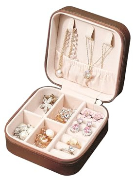 FuninCrea Jewellery Box Organiser for Women, Mini PU Leather Travel Jewelry Storage Case with 3pcs Silver Cloth for Rings Earrings Necklace, Portable Jewelry Case for Girl, Wife, Mother (brown)