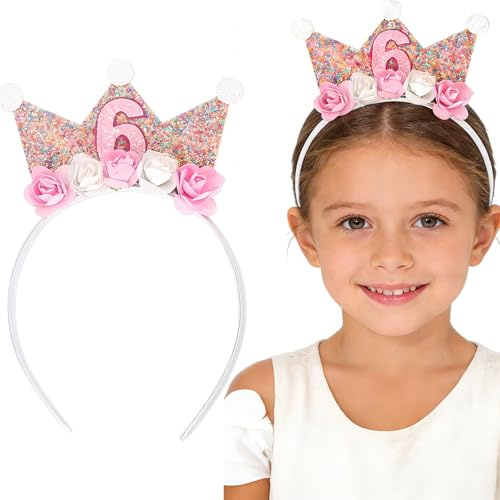 GWEOR Corona de cumpleaños para niñas de 6 años, Diadema de Cumpleaños para niña, Diadema de Cumpleaños Corona con Flores Rosas y Purpurina, Regalo para Cumpleaños Niñas