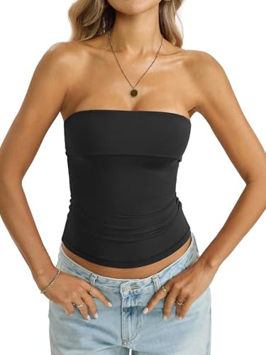 Tomwell Top Bandeau para mujer, con doble forro, no deslizante, sin | Parte superior sin tirantes, sexy, cuello plegable, corte ajustado, hombros descubiertos, espalda descubierta, Y2k Going Out