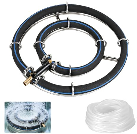 BONJUME Aeratore per Laghetto, Anello Aeratore da 25cm per Laghetti E Acquari Doppia Struttura in Acciaio Inox Diffusore di Ossigeno per Laghetti con Tubo Flessibile da 5M Diametro 8 mm