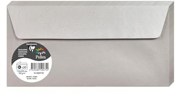 Clairefontaine 50075C - Pacco da 20 Buste autoadesive - Formato DL (11x22cm) - 120g/m² - Colore argento -Inviti Eventi e Corrispondenza - Gamma Pollen - Carta Premium Liscia