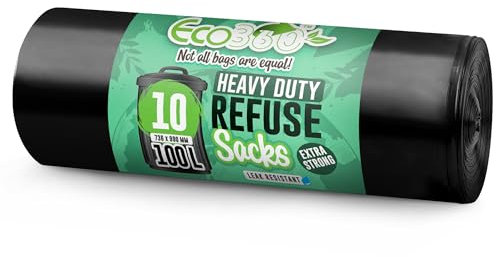 EcoBag - 10 Pack Extra Strong Heavy Duty Refuse Sacks - 100L - 33 Microns - Recyclable Bin Bags, Leak Resistant, Eco-Friendly, Durable Waste Disposal Bags for Household & Commercial Use (736x990mm)
