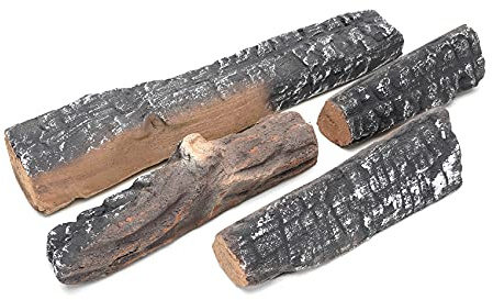 Skyflame Small Gas Fireplace Logs - 4 Pcs Ceramic Wood Logs and Accessories for All Types of Indoor Gas Inserts, Ventless, Propane, Gel, Ethanol, Electric or Outdoor Fireplaces & Fire Pits