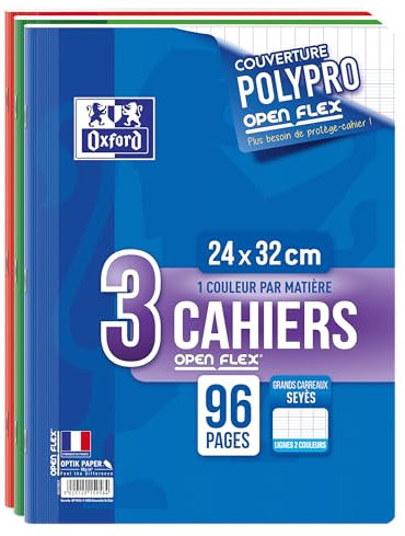 OXFORD Lot de 3 Cahiers 24x32 Grands Carreaux Seyès 96 Pages Couverture Polypro OpenFlex 90g Couleurs Assorties