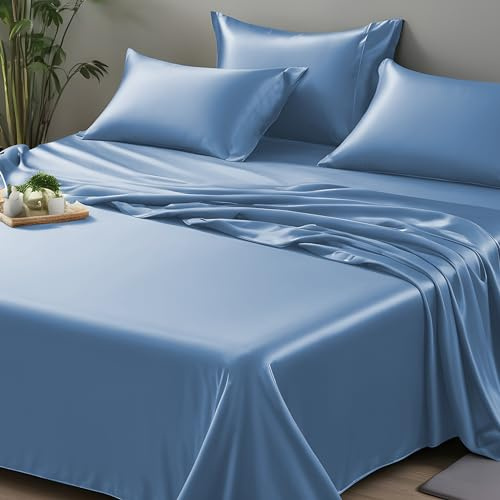 LINENWALAS 100% Organic Bamboo Only Flat Sheet Softest Cooling Luxury Bedding Flat Bed Sheet Perfect for Hair and Skin (Bahamas Blue/Emperor)
