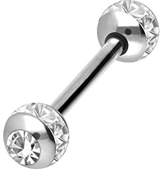 PIERCINGLINE Titan Barbell EPOXYRING KUGELN + KRISTALLE Piercing Stab Brust Zunge Silberfarben 14 mm