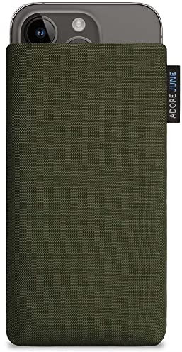 Adore June Classic Oliv-Grün Tasche kompatibel mit iPhone 15 14 / iPhone 15 14 Pro Handytasche aus widerstandsfähigem Cordura Stoff mit Display Reinigungs-Effekt, Made in Europe