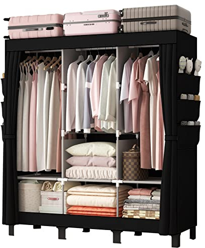 LOEFME Canvas Wardrobe 172 * 130 * 45cm, Wardrobes for Bedroom, New Base Design Fabric Bedroom Wardrobes with 2 Hanging Rails and 18 Side Bags, Fabric Closet, Cheap Folding Wardrobe, Black