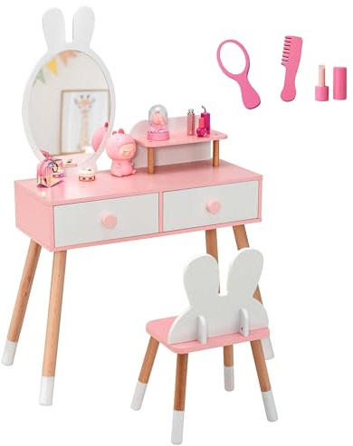 DREAMADE 2 en 1 Coiffeuse Enfant Fille avec Miroir Amovible&Tabouret Table de Maquillage Enfant 3+ Ans,Pieds en Bois,2 Tiroirs,Coiffeuse Princess Tout-Petits Charge 50 KG(Lapin Blanc)