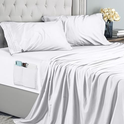 Utopia Bedding Juego de Sabanas 4 Piezas 135x190 - Microfibra De Poliéster, Sábana Bajera con Bolsillos de Almacenamiento, Sábana Plana Y 2 Fundas De Almohada Bordadas (Cama 135, Blanco)