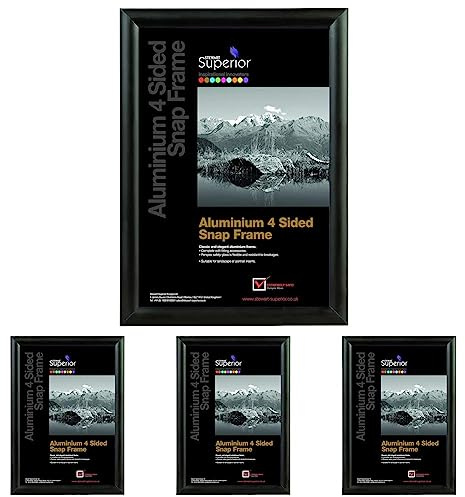 Stewart Superior A4 Aluminium 4 Sided 25mm Front Loading Picture/Poster Snap Frame - Black (Pack of 4)
