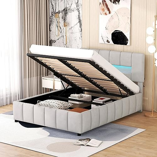 FEZTOY Hydraulische Doppelbett 140x200, Stauraumbett Polsterbett Bett mit Bluetooth-Musikplayer, 2 USB, Doppelbett, Gepolstertes, Jugendbett, Bettgestell, Leinenstoff,Grau