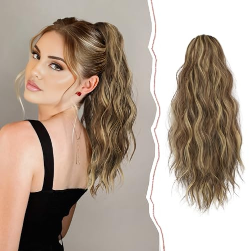 Sofeiyan Coda Extension con Clip ad Artiglio, 45cm Lunga Ondulato Coda Cavallo Capelli Extension Ricci Clip in Posticci Extension Capelli Sintetici per Donna, Castano Chiaro e Biondo Chiaro