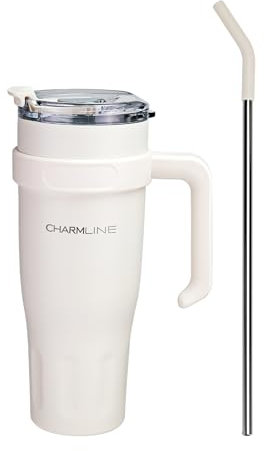 Charmline 40oz Kaffeebecher to Go Thermobecher, Doppelwandiger Edelstahl Vakuum Trinkbecher mit Deckel und Strohhalm,Tragbare Autobecher für Kalte Heiße Getränke, Milchig Weiß