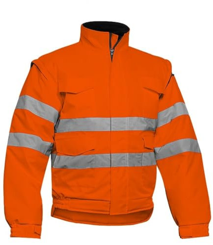 Adeepi Blouson HV orange | Manches amovibles | Haute-Visibilité | Multi-poches | Fermeture zippée | Bandes réfléchissantes | Taille élastiquée | Usage Professionnel | Orange Fluo | L