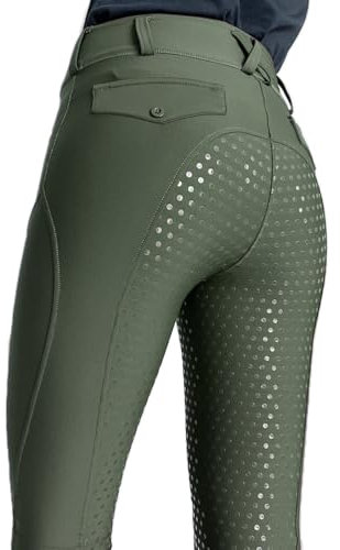 ticticlily Reitleggings Reithose Damen Silikon Vollbesatz mit Handytasche und Gürtelschlaufen Stretch Push Up Reitsport Leggings Hosen Sportswear Equestrian Pants A Grün M