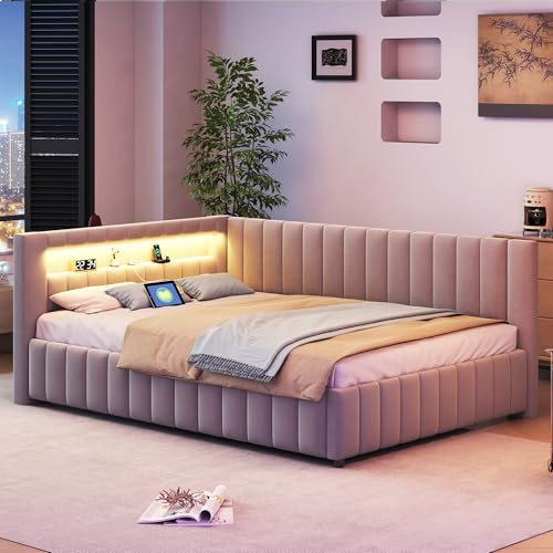 Zepneiy Canapé-lit rembourré 140x200cm, avec éclairage LED et Port USB, Tissu Velours, avec Dossier et tête de lit, Gris Clair (Matelas Non Inclus)