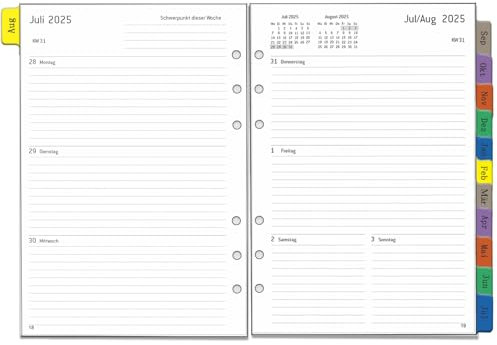 2025 2026 Wochenplaner Einlage A5 6 Löcher, Deutsch, 1 Woche 2 Seiten mit Tabs, Extra Notizen Kontakt, von Aug.25 bis Jul.26, Dicker Papier, 100 gsm, Kalendereinlagen für Kalender 2025 2026 Planer