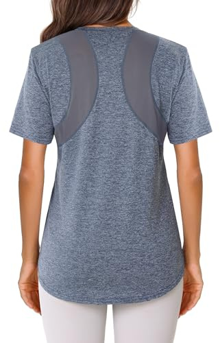 Crewhpo Maglietta Sportiva Donna Maniche Corte Maglia Palestra Traspirante Top Sportivo Fitness Indietro in Rete Top T-Shirt Sport Girocollo per Yoga Tennis Golf Jogging Blu Navy XL