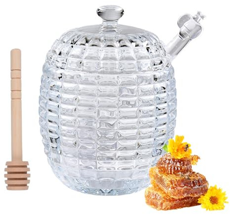 CZCMYAU Honey Jar with 2 Dippers and Lid Glass Honey Dispenser 8oz Honeycomb Container Handcrafted Honey Pot for Home Kitchen