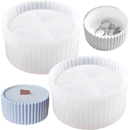 2 PCS Round Candle Holder Molds Geometric Round Container Casting Mold Striped Storage Box Jar Molds Plant Pot Silicone Moulds Unique 3D Silicone Mould for Jar Plant Pot Trinket Tray Home Ornament