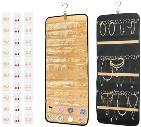 QZDAFFIC Porta Collane da Appendere con 30 Pezzi Bustine Trasparenti Richiudibili, Porta Orecchini Organizer Gioielli Supporto per Collana Bifacciale