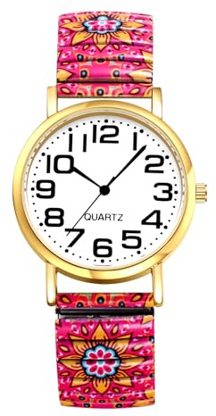 OIDEA Elastic Watches for Women: Bohemia Floral Big Number Easy Reader Analog Quartz Stretch Band Wrist Watch Stainless Steel Expansion Band Ladies Wristwatch
