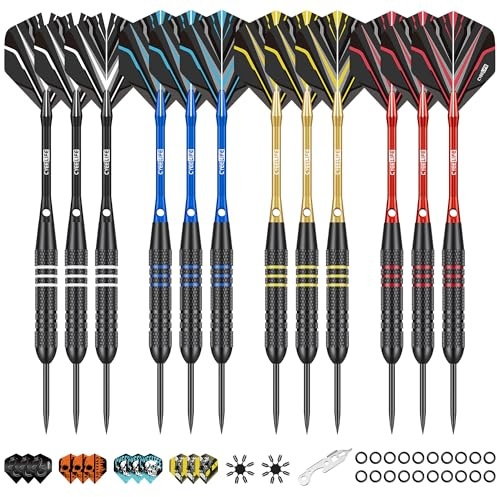 CyeeLife Freccette con Punta in Metallo, 12 Freccette da professioniste in Acciaio, Set di Freccette con aste in Alluminio, Ali, affilatore, Guarnizione O-Ring e utensile