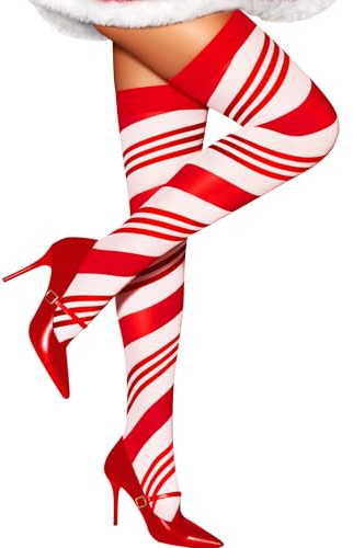 RSLOVE Chaussette de Noël Femme - Costume Noël Femme Bas Autofixant Santa&Halloween Accessoire Noël Rouge remix Blanc
