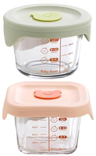 2Pcs Baby Food Container, Airtight Glass Baby Food Jars with Silicone Lid & Scale Microwave Safe Snack Containers for Milk Fruit, 180ml + 140ml