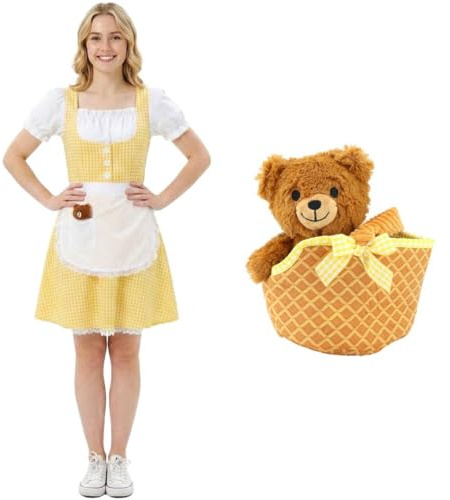 Adults Goldilocks Porridge Girl Costume with Soft Bear Basket – Yellow Gingham Dress, White Apron & Plush Bear Accessory – Fairytale Storybook Fancy Dress for World Book Day Parties - Small