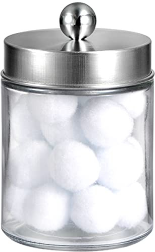 Amolliar Apothecary Jars Bathroom Vanity Organizer -Countertop Canister Jar with Storage Lid - Qtip Dispenser Holder Glass for Qtips,Cotton Swabs,Makeup Sponges,Hair Band - Brushed Nickel (1 Pack)
