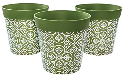 Hum Flowerpots, 15cm Set of 3, Various Patterns Colours and Sizes, Indoor/Outdoor Plastic Plant Pots, Green Maroc
