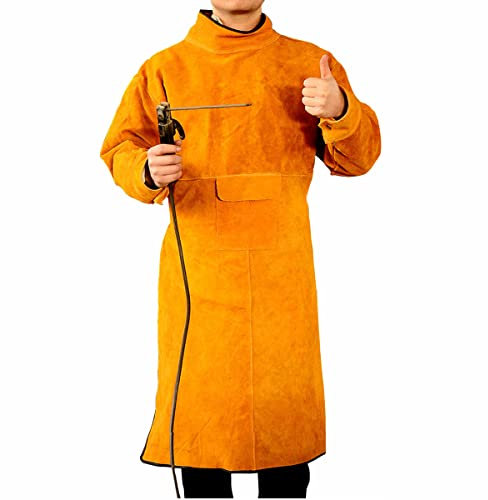 Sipobuy Delantal soldador de cuero vacuno para hombres y mujeres, con mangas y cuello, delantal de protección de trabajo resistente, a prueba de chispas, resistente al calor, 41 x 21 pulgadas