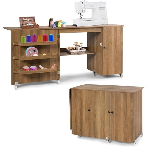 COSTWAY 2 in 1 Nähtisch Nähschrank klappbar, Nähmaschinentisch mit Arbeitsplatte, Ablagen & Türschrank, Mobiler Schreibtisch mit abschließbaren Rollen, Basteltisch Nähmöbel, 158x50x75cm (Natur)