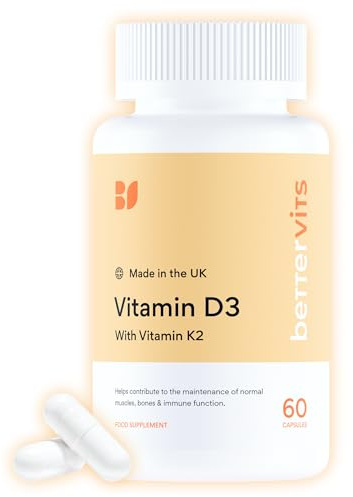 Bettervits Vitamin D3 K2 4000IU High Strength | Premium K2 Vitamin Supplements | Supports Immune System - Bone & Heart Health | Essential VIT D for Energy & Mood | Vegan Friendly - 60 Capsules