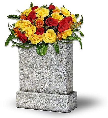 GRPFS Headstone Flower Saddle,Large Artificial Cemetery Flowers for Grave-Realistic Red & Yellow Rose Mix Arrangement,Outdoor Memorial Decorations,Durable & Easy Fit