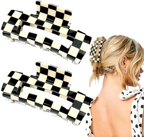 2 PCS Checkered Hair Claw Clips Square Checker Barrettes Cute Non Slip Hair Jaw Clips Strong Hold Rectangle Hair Claw Multicolored Plaid Vintage Check