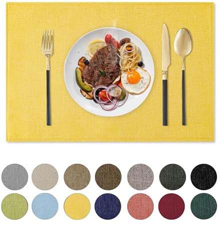 Romanstile Placemats Set of 8-12 X 18 Inch, Faux Linen Double Layered Thickened Cloth Place Mats, Washable & Wipeable Burlap Table Placemats for Kitchen/Dining/Party/Outdoor/Indoor, Lemon Yellow