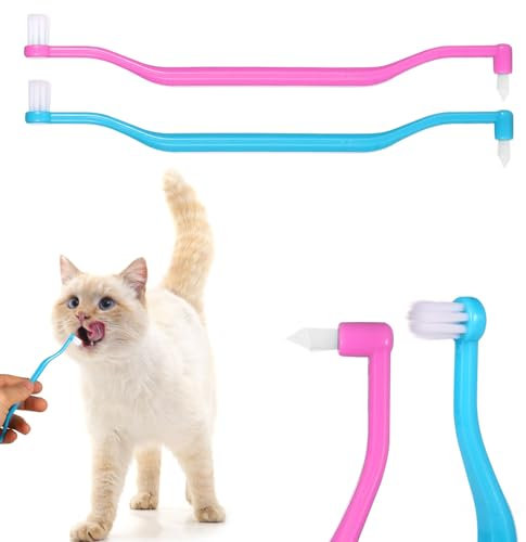 PEUTIER 2stk Doppelseitige Katzenzahnbürste, Mikrokopf Reinigungsbürste für Kätzchenzähne mit Gebogenem Griff Zahnpflegezubehör für Katzen Reduziert Plaque-Zahnsteinbildung und Mundgeruch