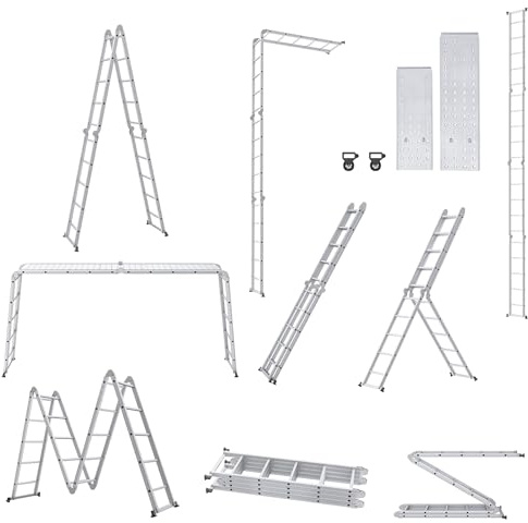 HENGMEI Échelle multifonction 6 en 1 en aluminium avec plate-forme de 5,5 m - Échelle pliante multifonction - Échelle de travail - Échelle domestique jusqu'à 150 kg - 4 x 5 marches avec 2 plaques