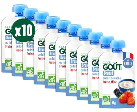 GOOD GOÛT - Brassé Au Lait De Vache - Dessert Bébé - Dès 6 Mois - Fraise, Mûre - Sans Sucres Ajoutés* - Format Nomade - 10x90g