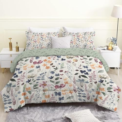 Linfye Bettdecke 155x220 4 Jahreszeiten, Beige Blume Wende Steppdecke 155x200 Ganzjahresdecke Bettdecken, Salbeigrüne Pflanzen Schlafdecke Waschbar Zudecke Vierjahreszeiten mit 2 Kissenbezug 80x80cm