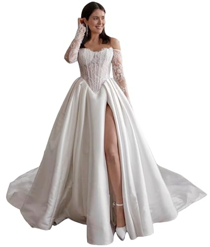 TSxuelian Elegante vestido de novia de satén para novia, acampanado, vestido de novia estilo princesa para la playa, D-marfil, 52
