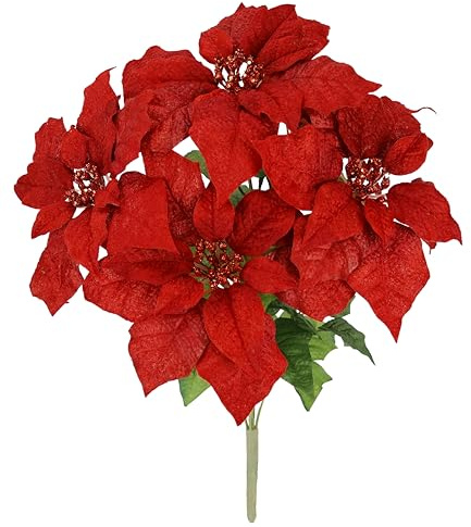 Julbukett av julstjärna, 50 cm, röd julstjärna, adventsstjärna, konstgjord kriststjärna, bukett, X'Mas juldekoration, julblomma, konstgjord blomma, blomdekoration, mittstycken, dekorativ blomma