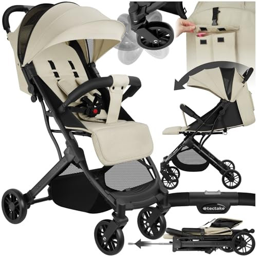 tectake® Carrito de Bebé, Silla de Paseo Plegable, Cochecito Bebés de 0-36 Meses, Arnés de 5 Puntos, Respaldo y Reposapiés Ajustables, Carro de Bebé Compacto, Protección Solar UV - gris/beige
