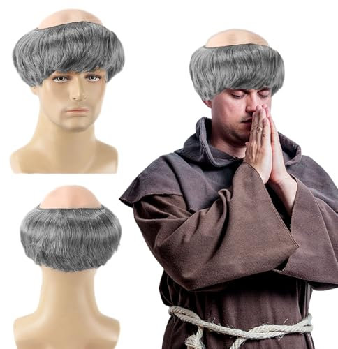 FOUNSHO Perruque pour Adulte Moine, Hommes Gris Perruque de Moine avec Tonsure, Perruques Bonnet Chauve en Latex, Perruques de Prêtre Carnaval Halloween de Déguisement (Gris)