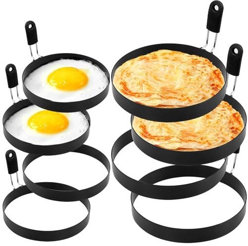 ASMIZ Set di 8 stampi per uova in acciaio inox – 4 pezzi da 15 cm e 4 pezzi da 10 cm antiaderente per frittelle, forma rotonda per uova fritte, panini, frittelle
