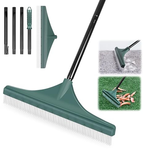 ORIENTOOLS Rastrillo de jardín con cepillo para césped artificial, cabezal de plástico y mango de tres piezas, de 75 a 135 cm, rastrillo con cepillo PBT para césped y alfombras
