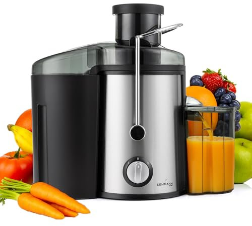 LEHMANN Entsafter, Schnelle Saftzubereitung, 2 Geschwindigkeitsstufen, elektrische Saftpresse aus Edelstahl, 1,5L Tresterbehälter, 450ml Saftbehälter, Saftmaschine für Gemüse und Obst